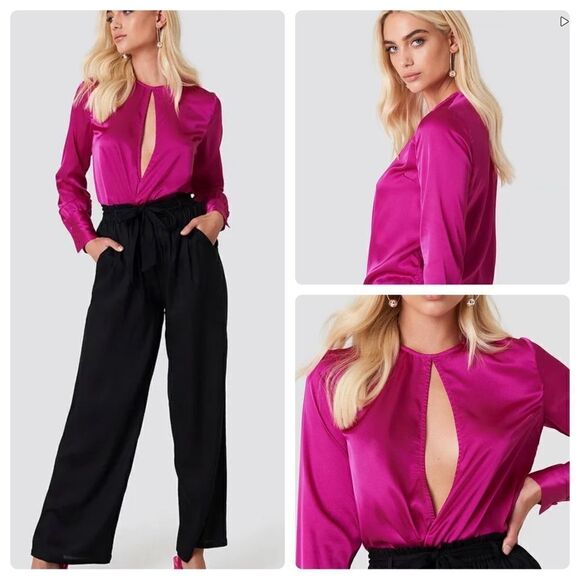 Andrea Hedenstedt x NA-KD Tops - Andrea Hedenstedt x NA-KD Front Slit Satin Blouse Pink Size 32 NWT